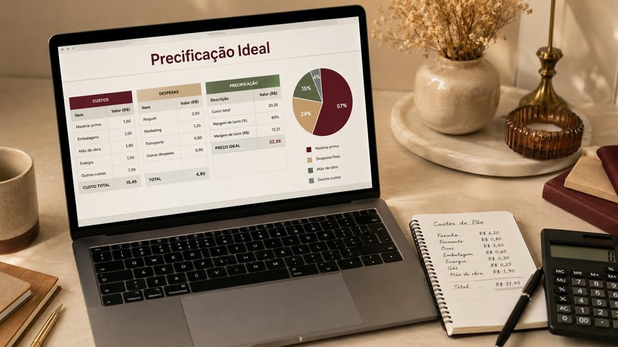 Laptop com planilha de Precificação Ideal aberta e calculadora